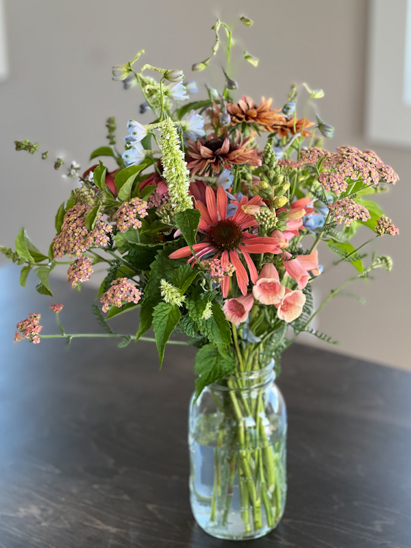 peach and blue bouquet